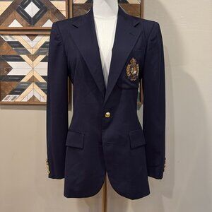 Vintage Ralph Lauren Wool Crest Logo Blazer Jacket Navy Blue Gold Buttons size 4